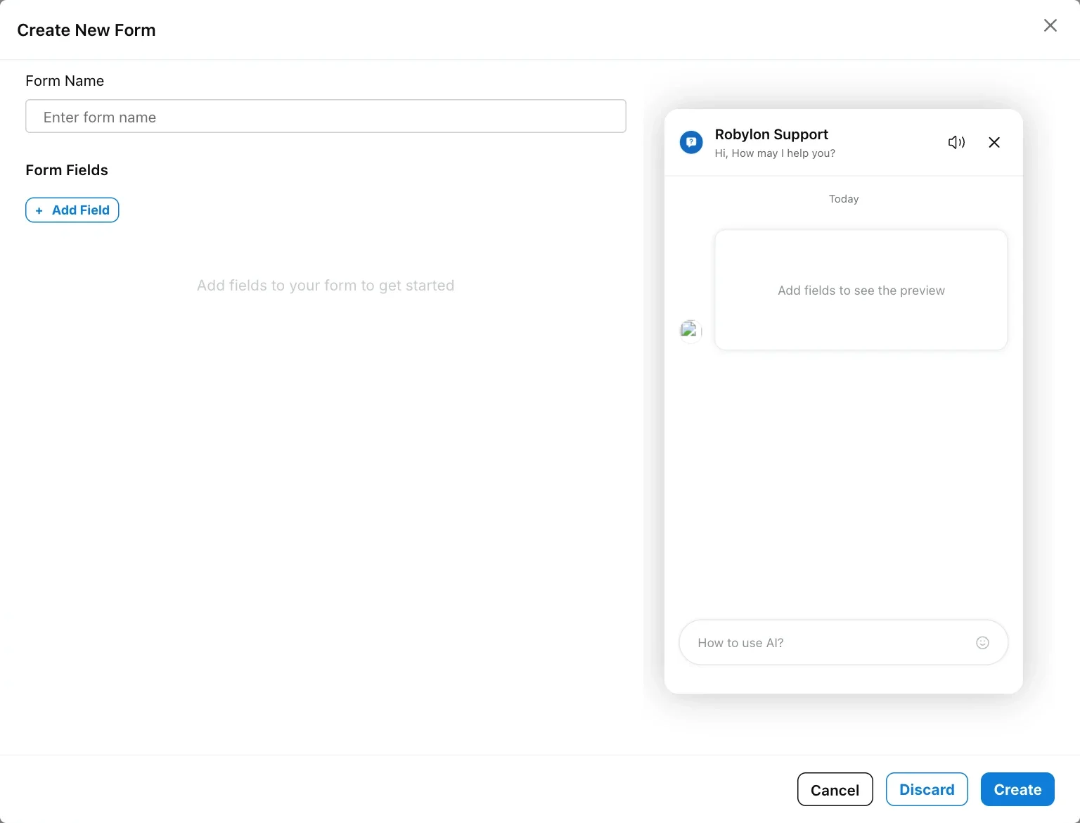 Create New Form dialog with form name, Add Field button and chat preview