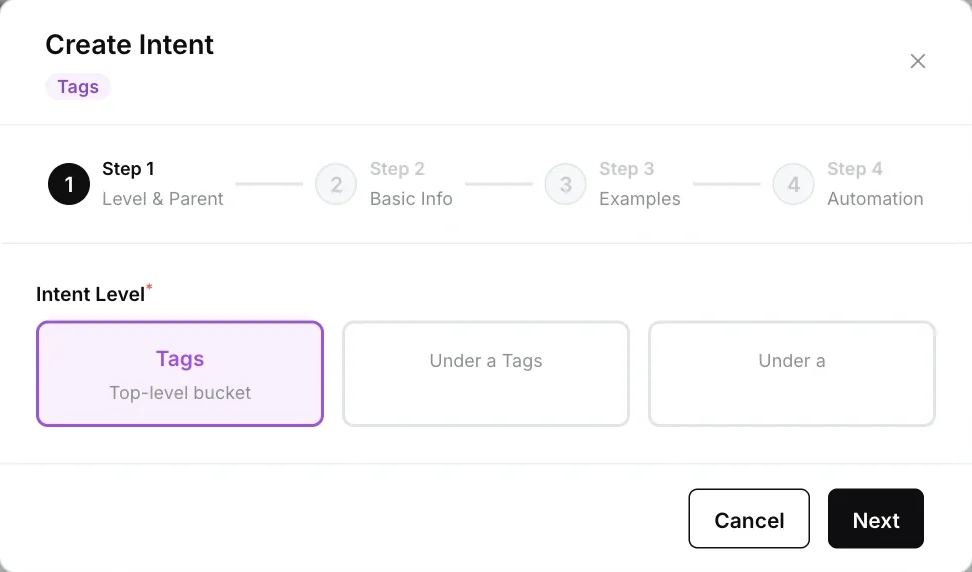 Create Intent dialog, step 1, choosing the intent level