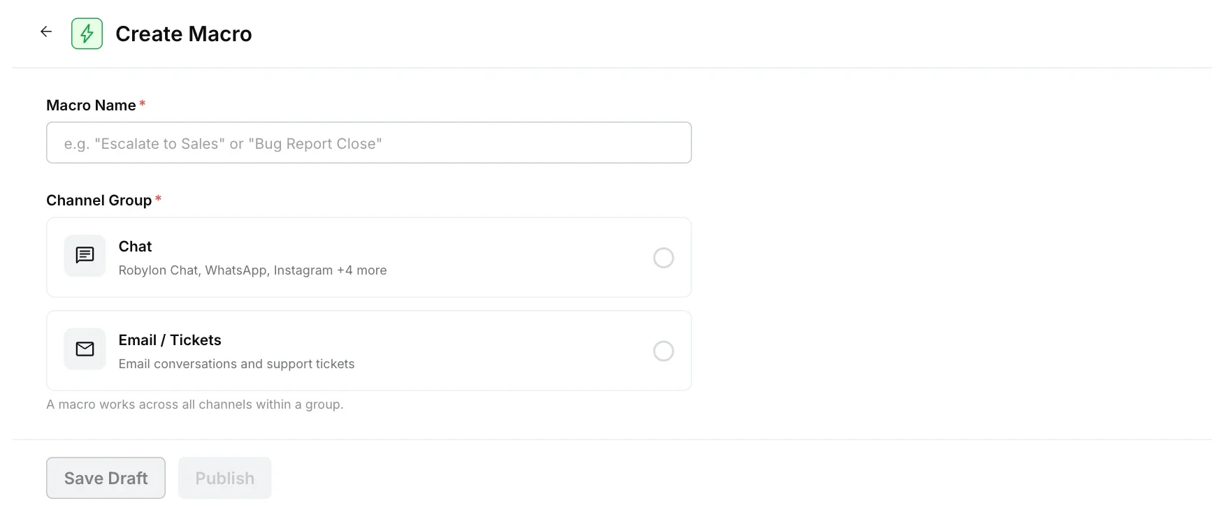 Create Macro page with macro name and channel group