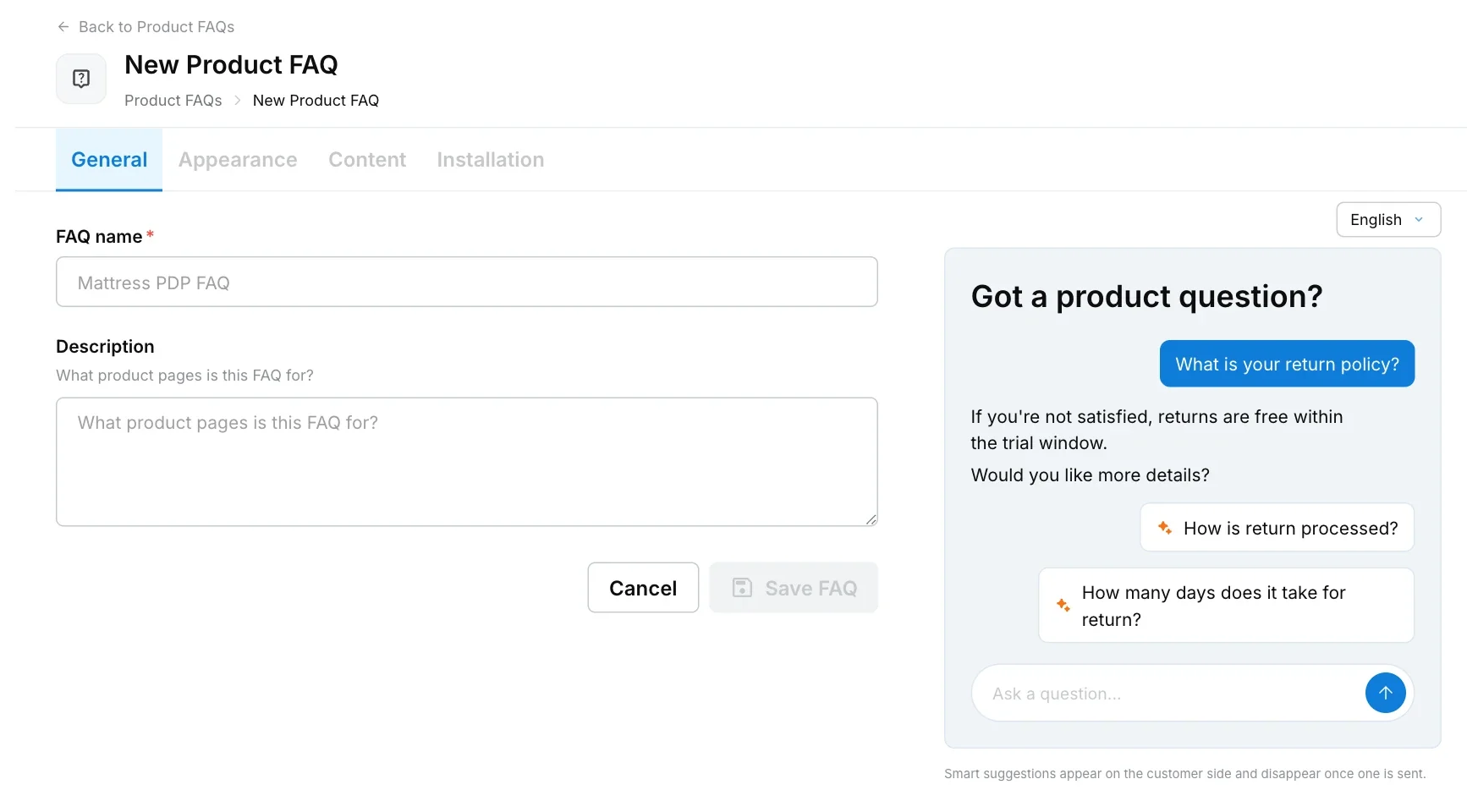 New Product FAQ page, General tab, with FAQ name, description and a live widget preview