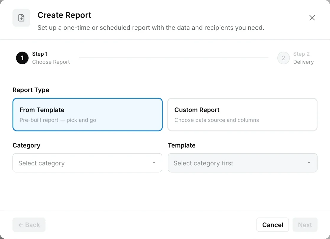 Create Report dialog, step 1, choosing From Template or Custom Report, with Category and Template