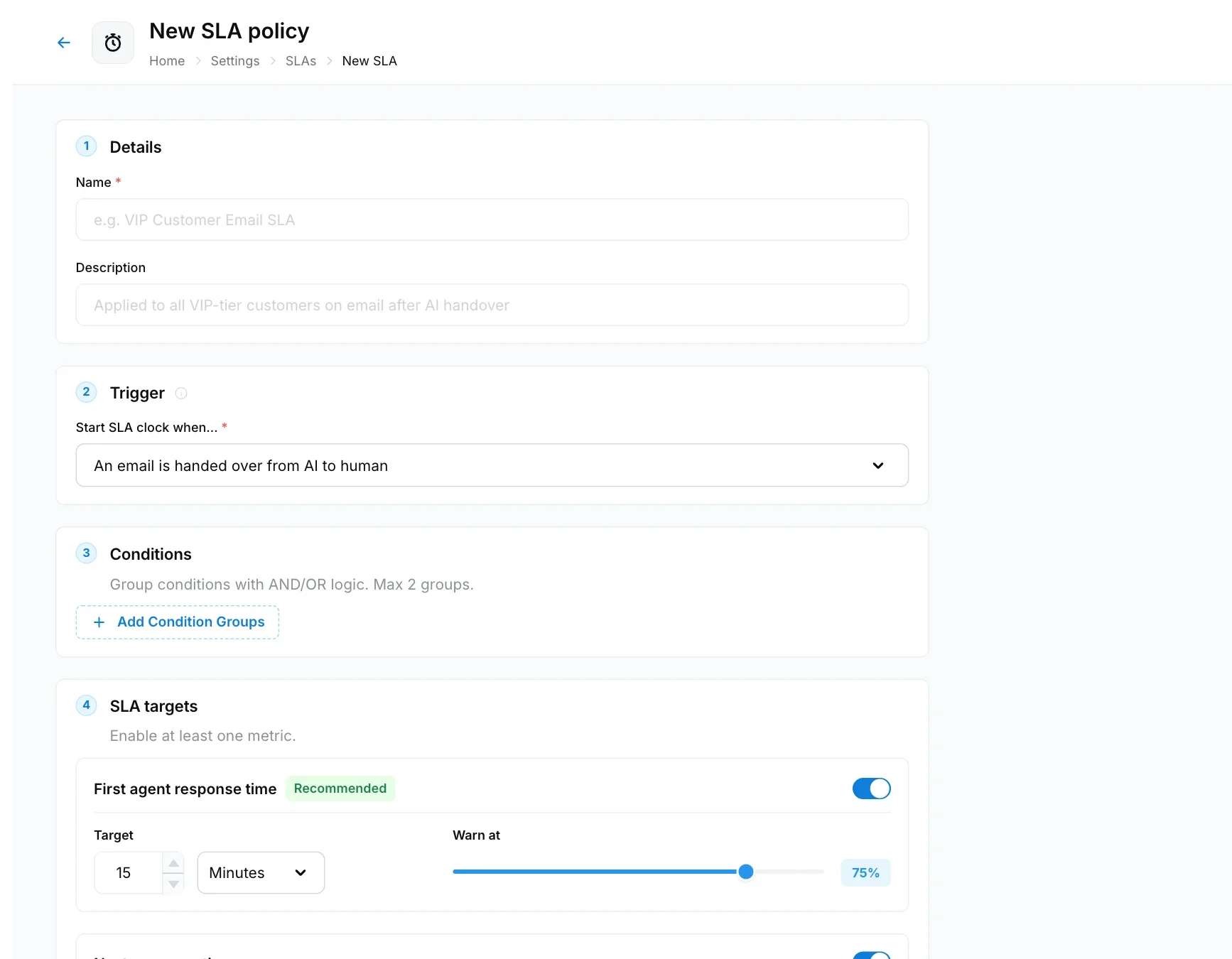New SLA policy page with details, trigger, conditions and a first agent response time target