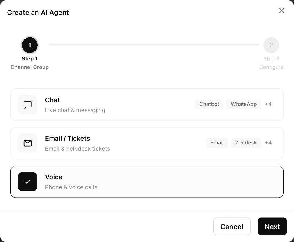Create an AI Agent dialog with the Voice channel group selected