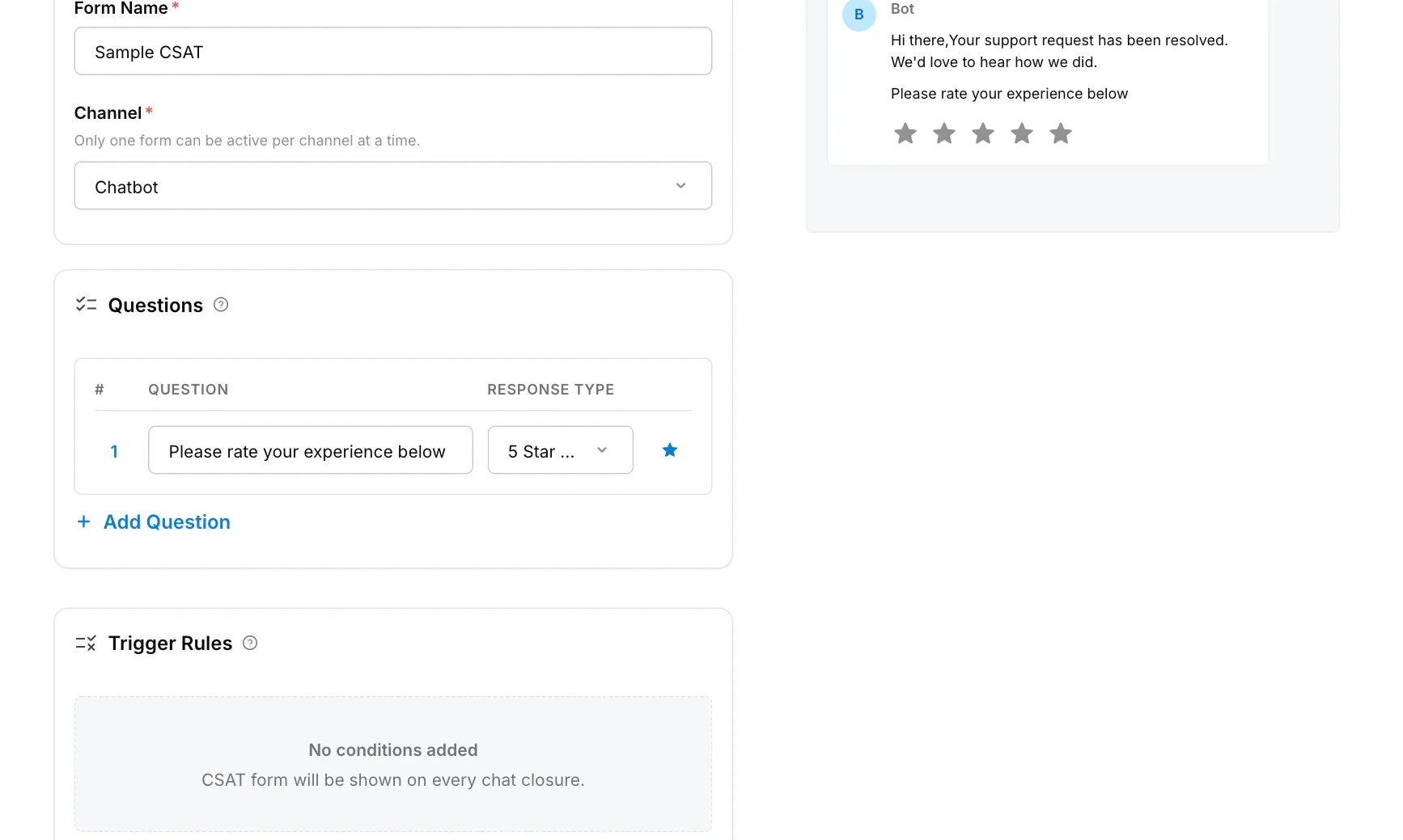 CSAT form for the Chatbot channel with its question and the Trigger Rules section
