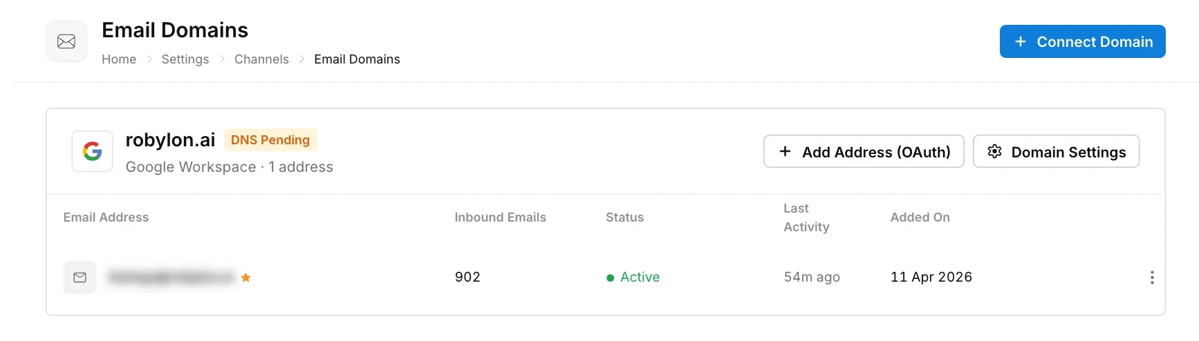 Email Domains page showing a connected Google Workspace domain and its email address