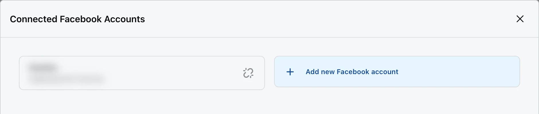 Connected Facebook Accounts window with one connected Page and Add new Facebook account