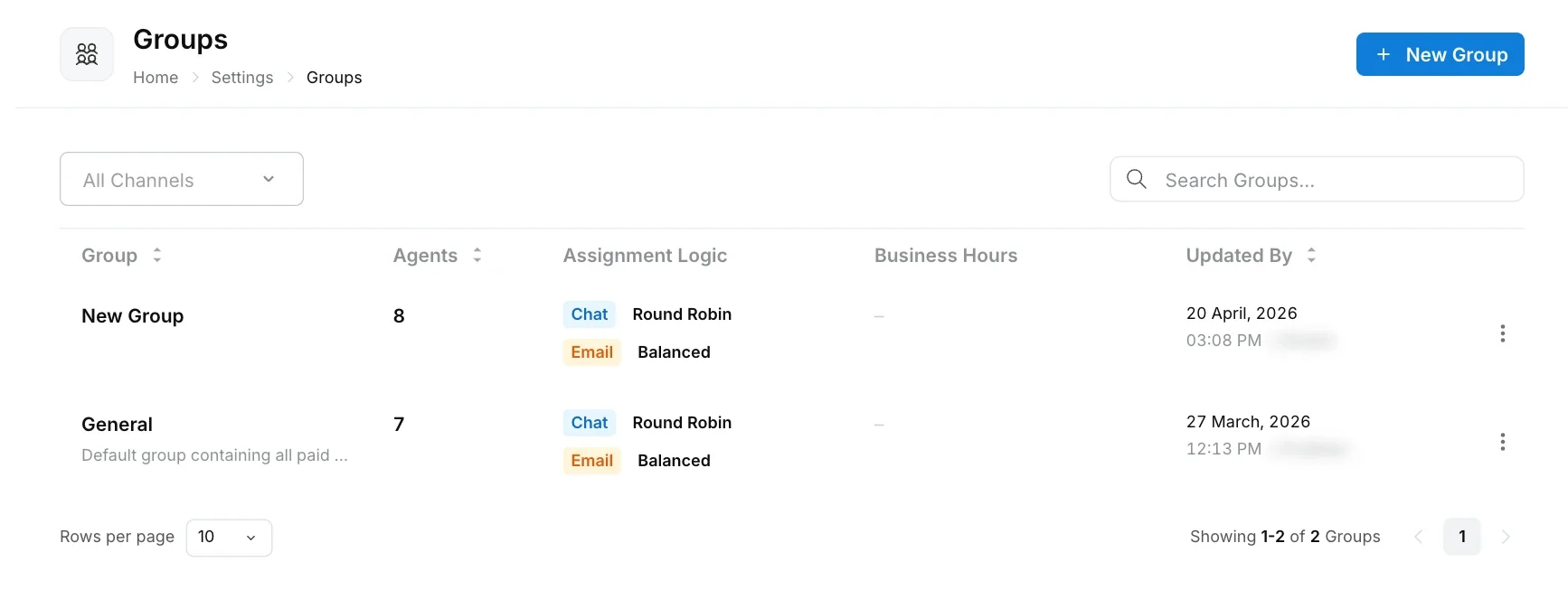 Groups list showing each group, its agents, assignment logic and business hours
