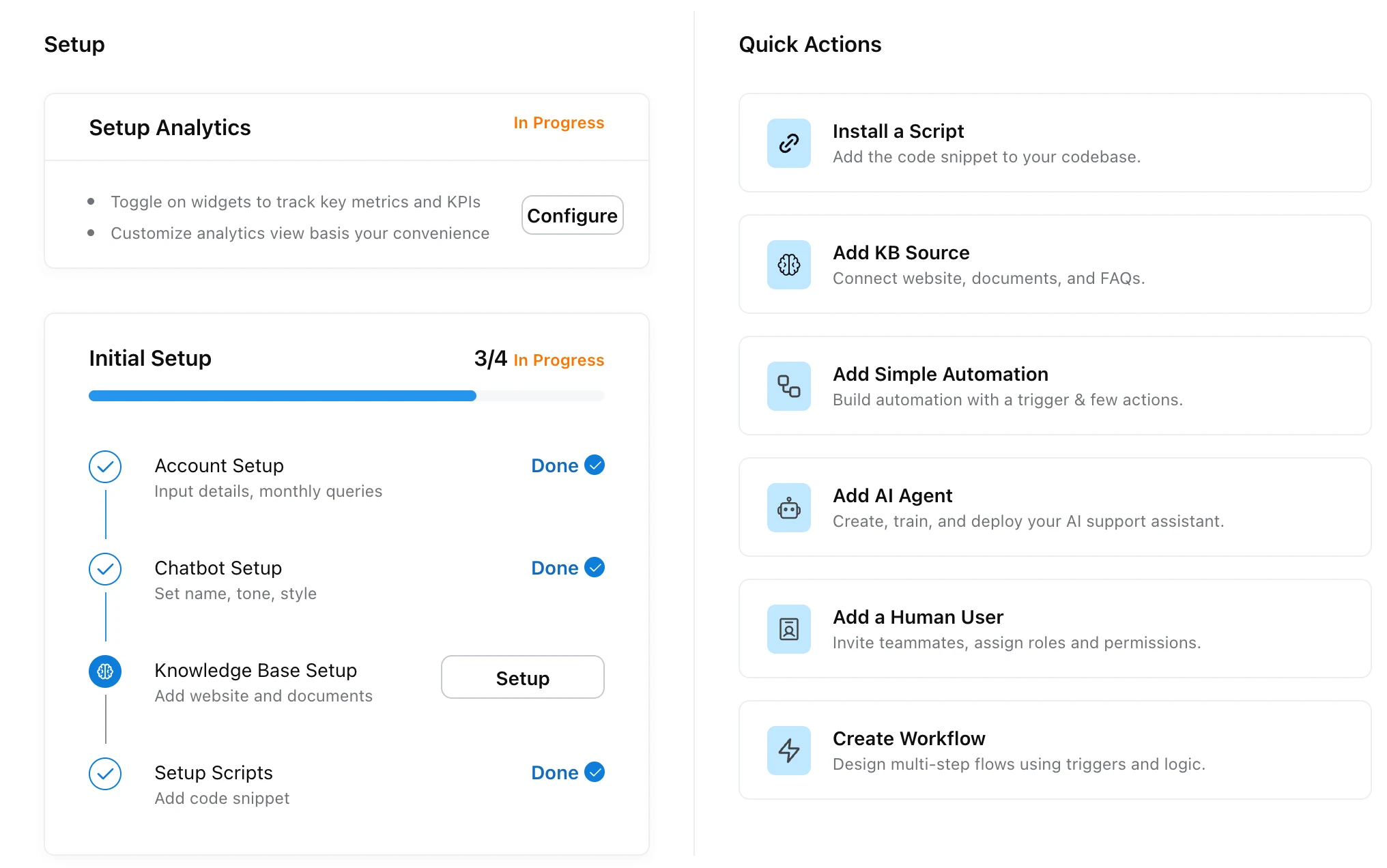 Home page with the Setup Analytics and Initial Setup cards on the left and Quick Actions on the right