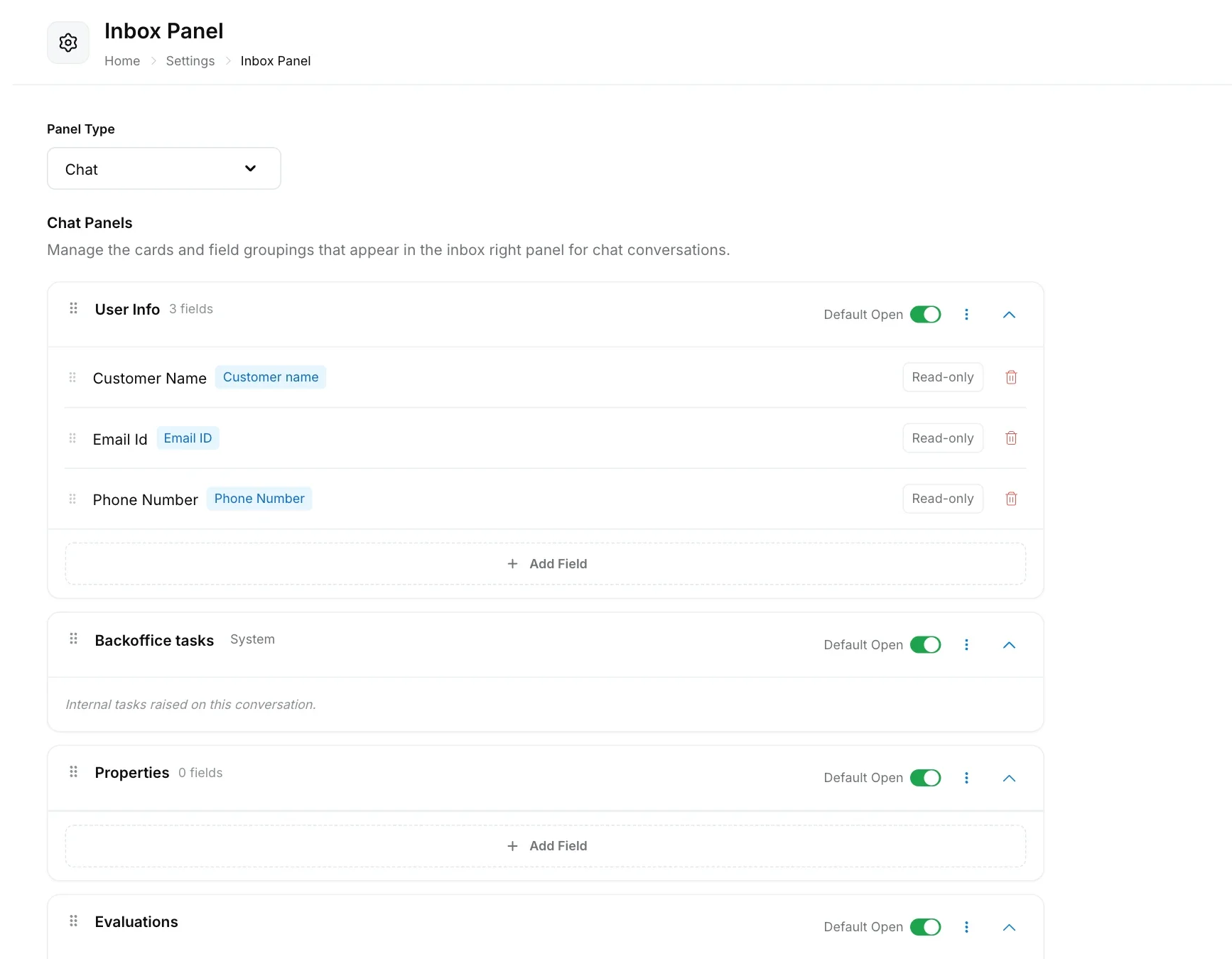 Inbox Panel settings for the Chat panel type, with the User Info, Backoffice tasks, Properties and Evaluations sections