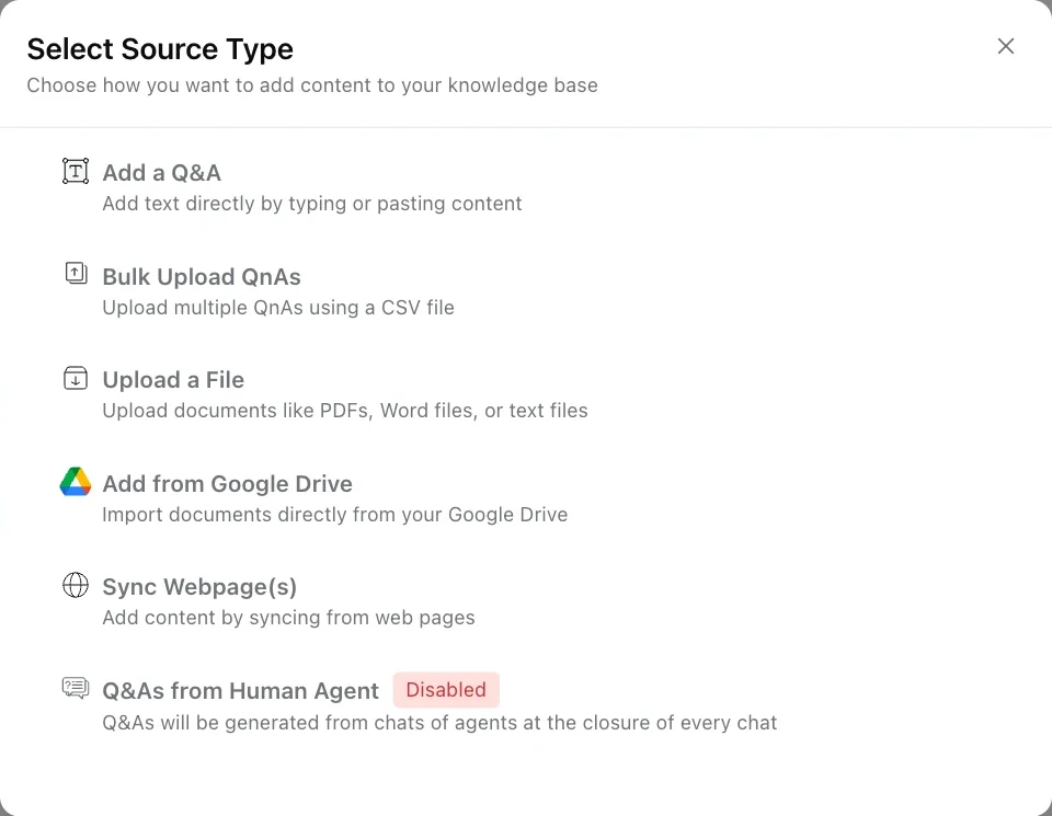 Select Source Type dialog listing Add a Q&A, Bulk Upload QnAs, Upload a File, Add from Google Drive, Sync Webpage(s) and Q&As from Human Agent