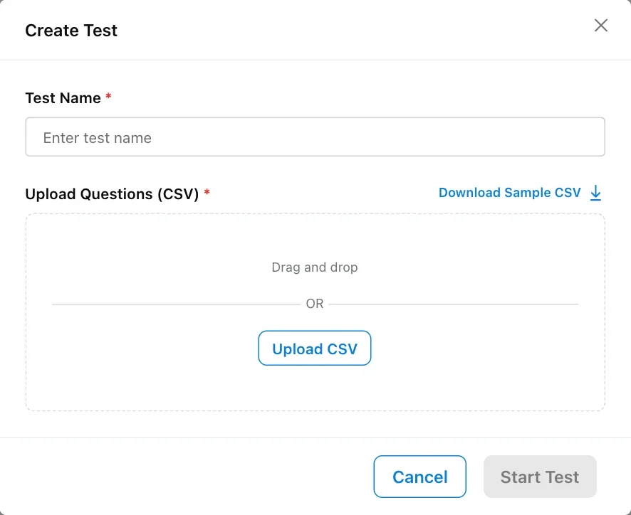Create Test dialog with a test name and a CSV upload of questions
