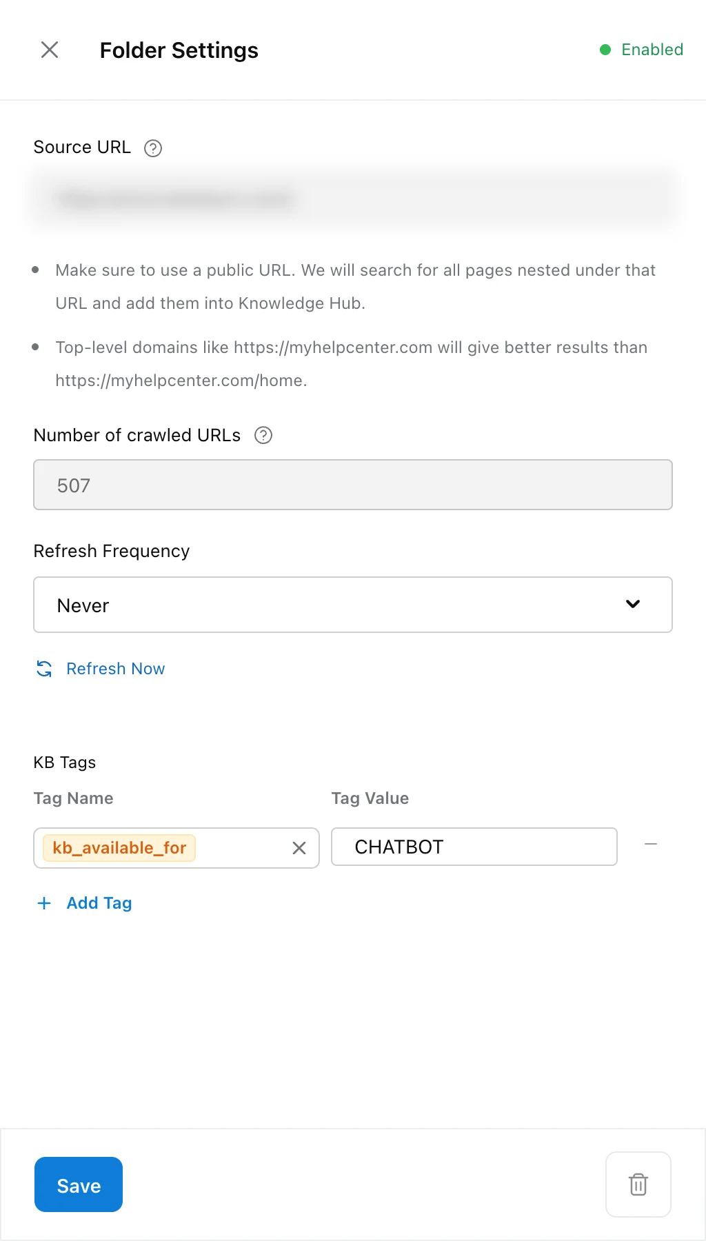 Folder Settings panel for a synced website, with Source URL, Number of crawled URLs, Refresh Frequency, Refresh Now and KB Tags