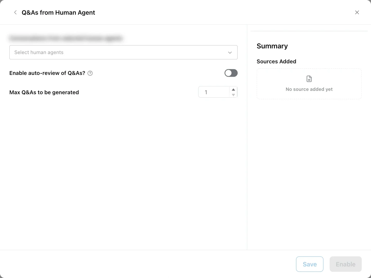 Q&As from Human Agent form with the agent picker, auto-review switch and the maximum number of Q&As
