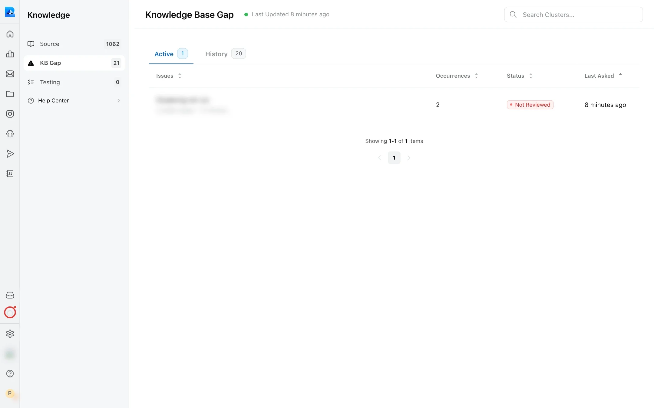 Knowledge Base Gap list with Active and History tabs, occurrences, status and last asked