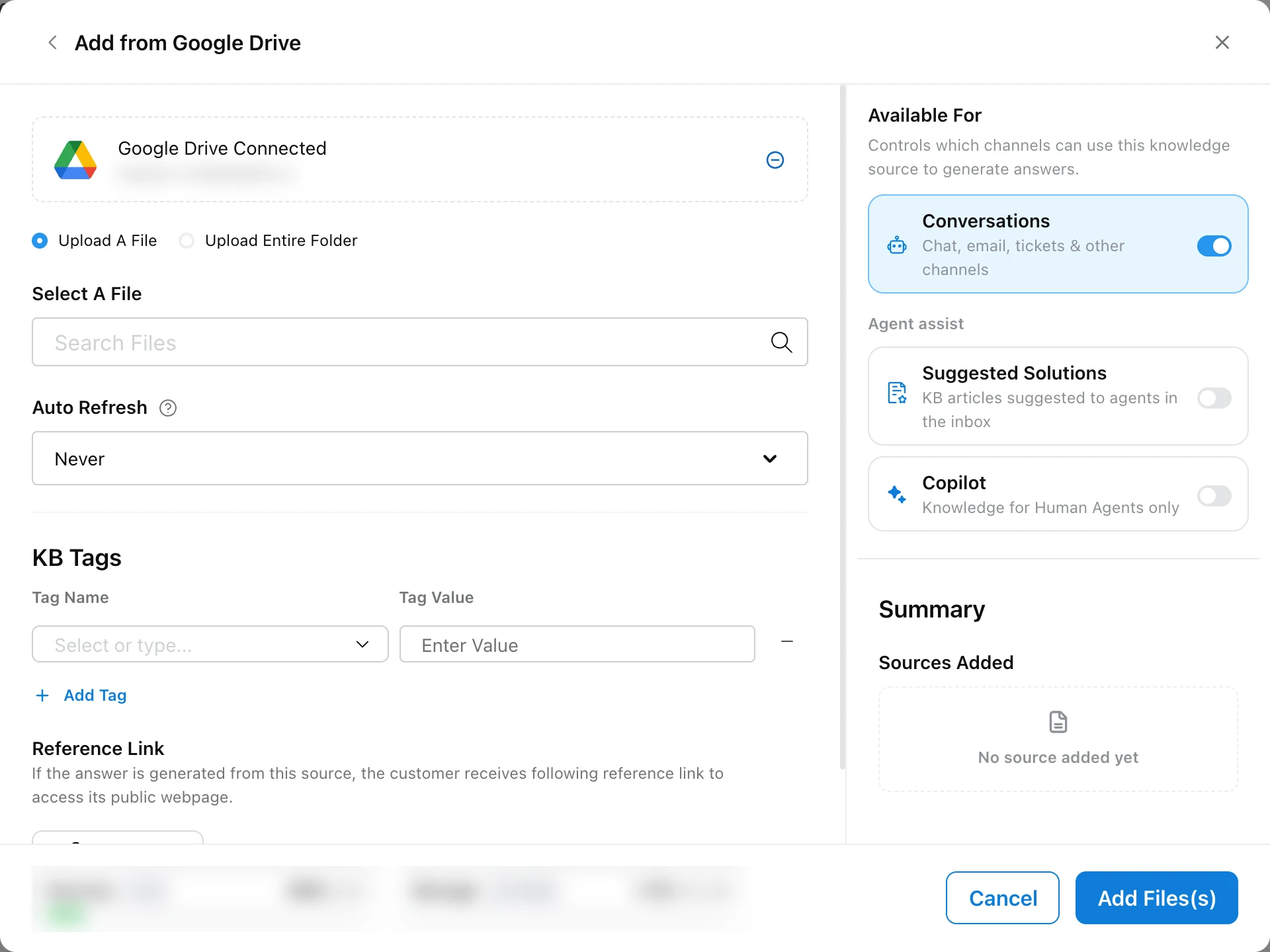 Add from Google Drive form with a connected Google Drive, file search, Auto Refresh, KB Tags and the Available For panel