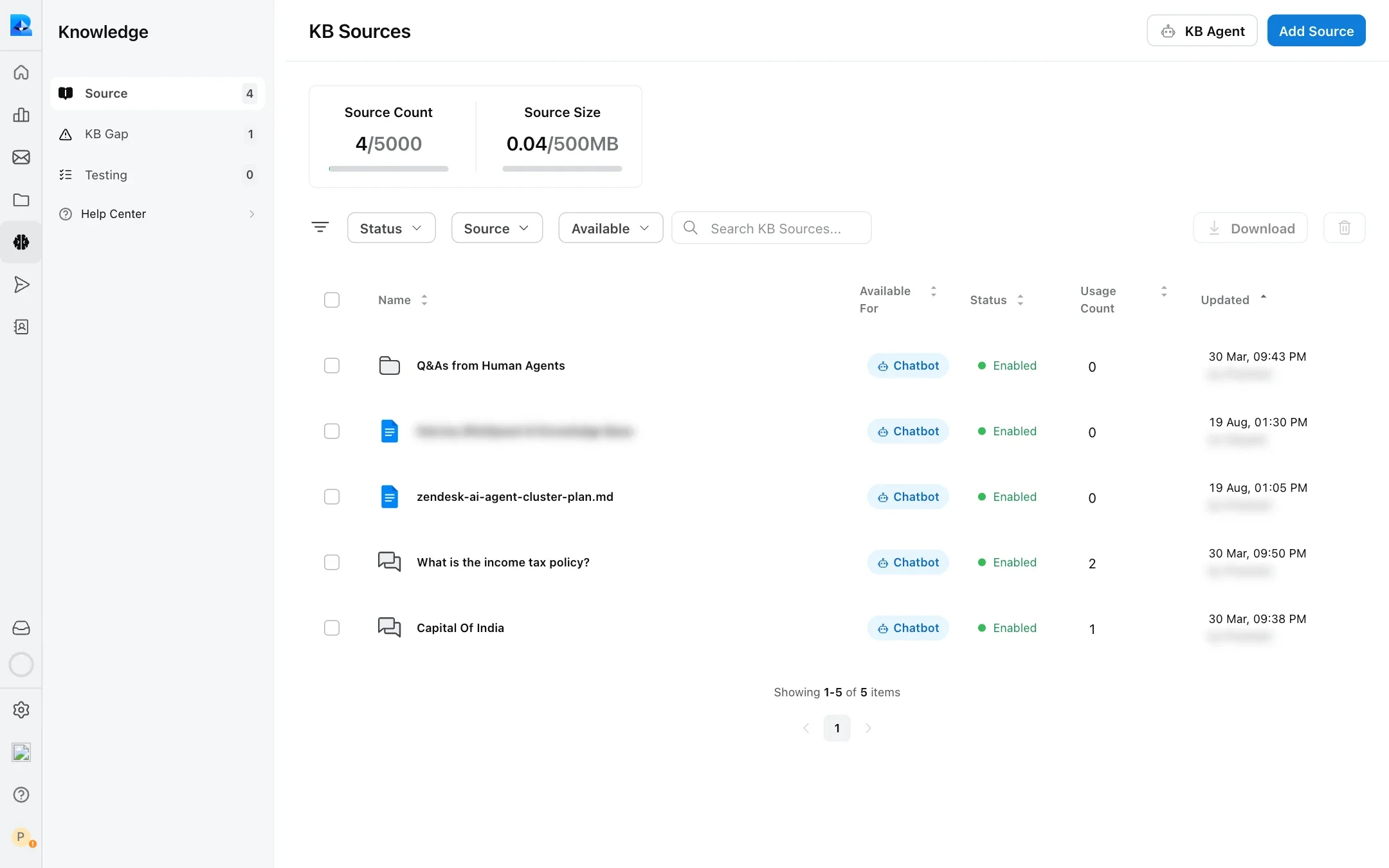 Knowledge Base sources list with source count, size, filters and each source's status