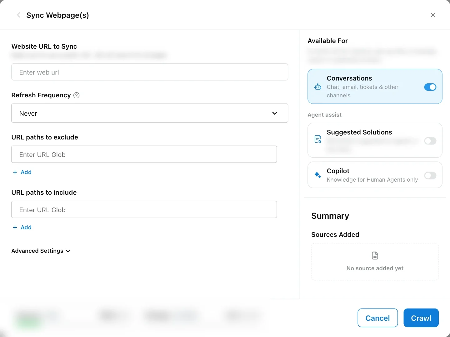 Sync Webpage(s) form with the website URL, refresh frequency, URL paths to exclude and include, and Advanced Settings