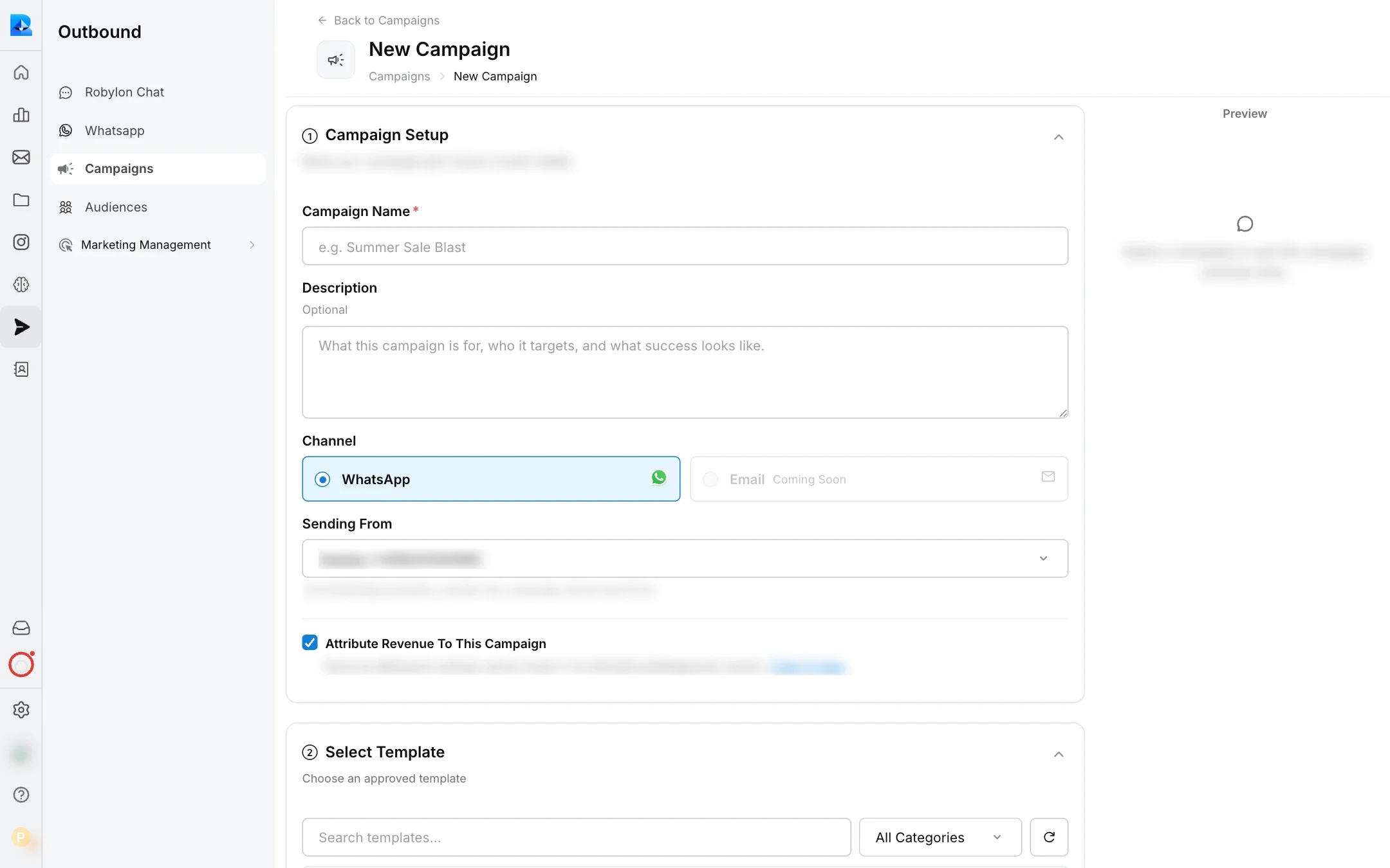New Campaign form with campaign setup, channel, sending number and template selection