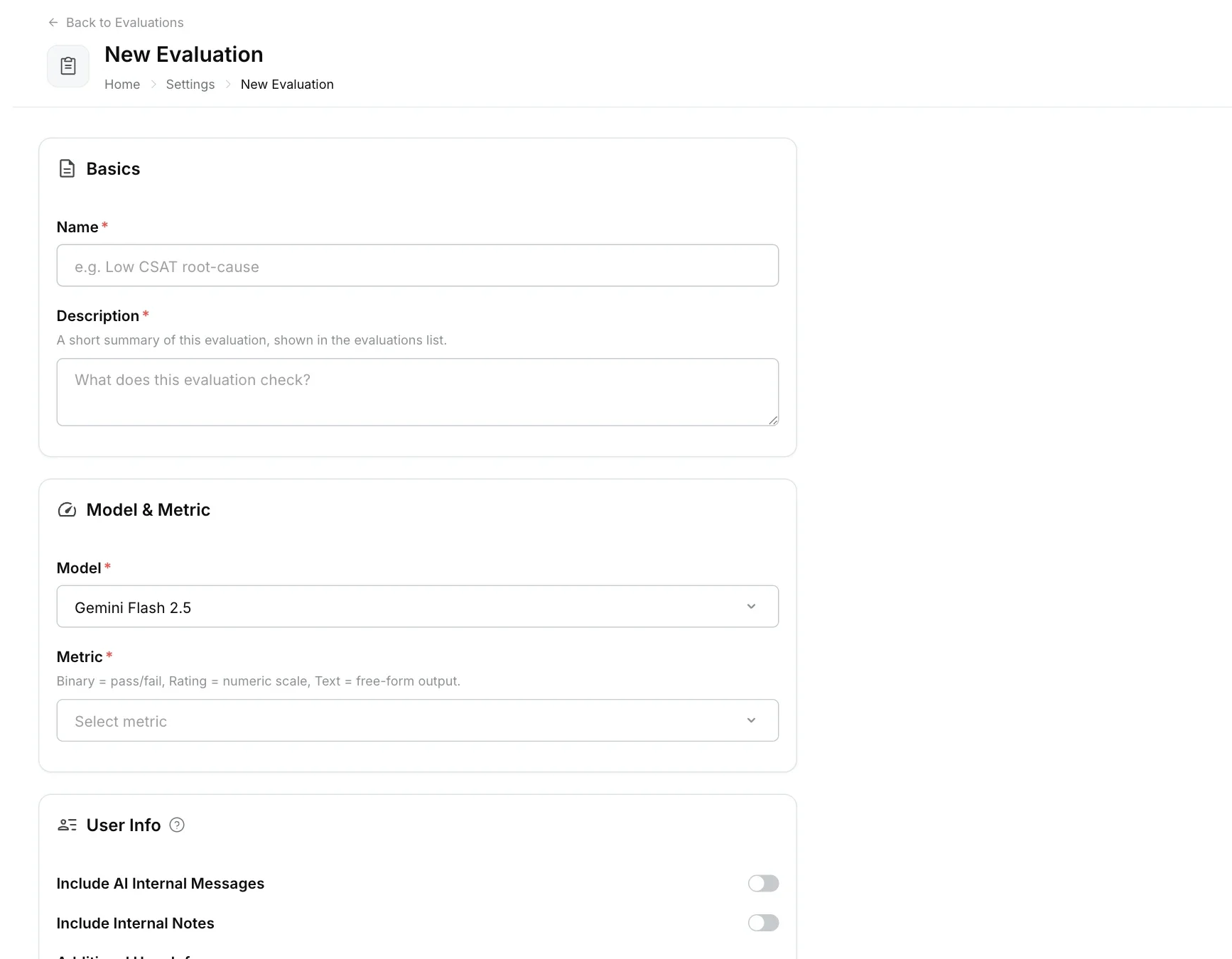 New Evaluation form with name, description, model, metric and User Info options