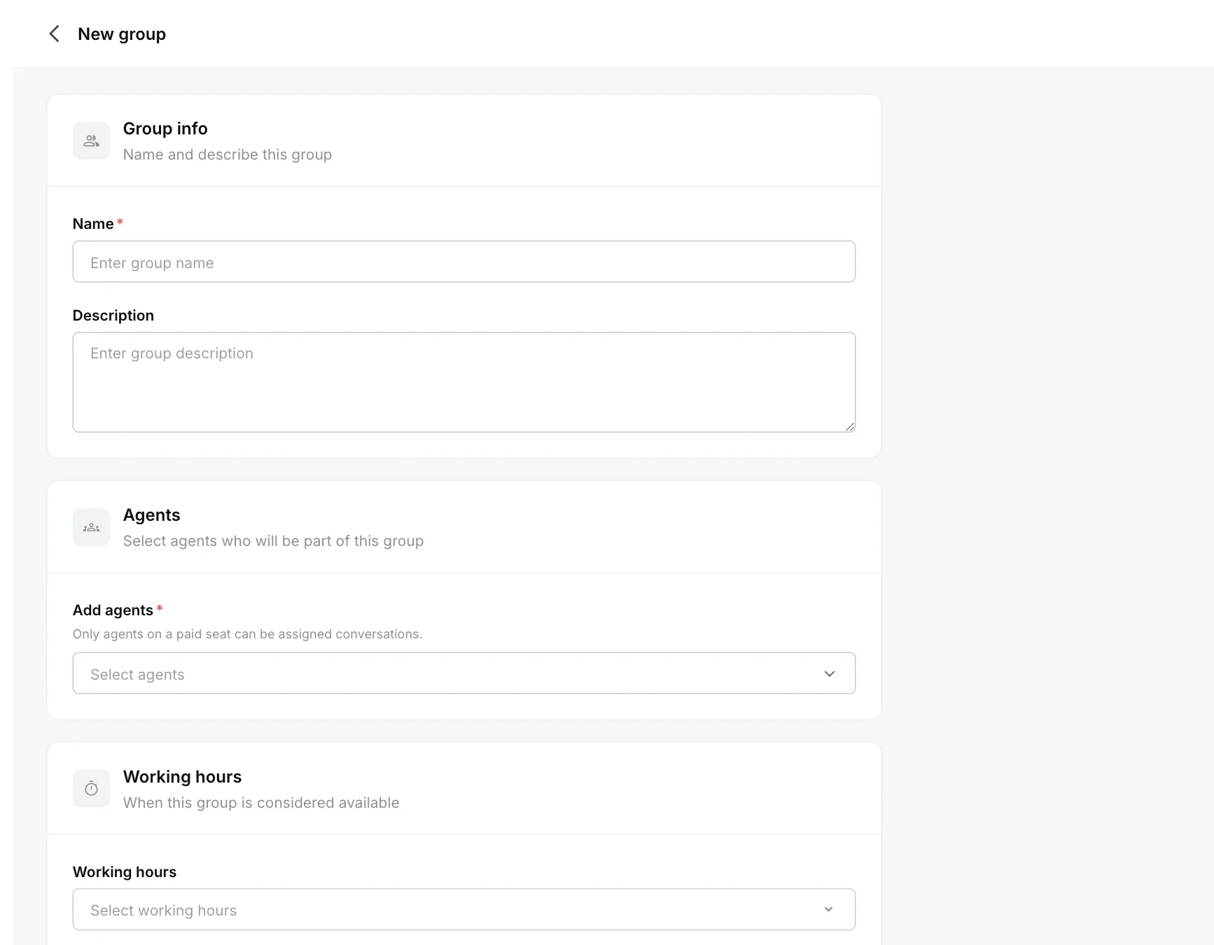 New group page with group info, agents and working hours