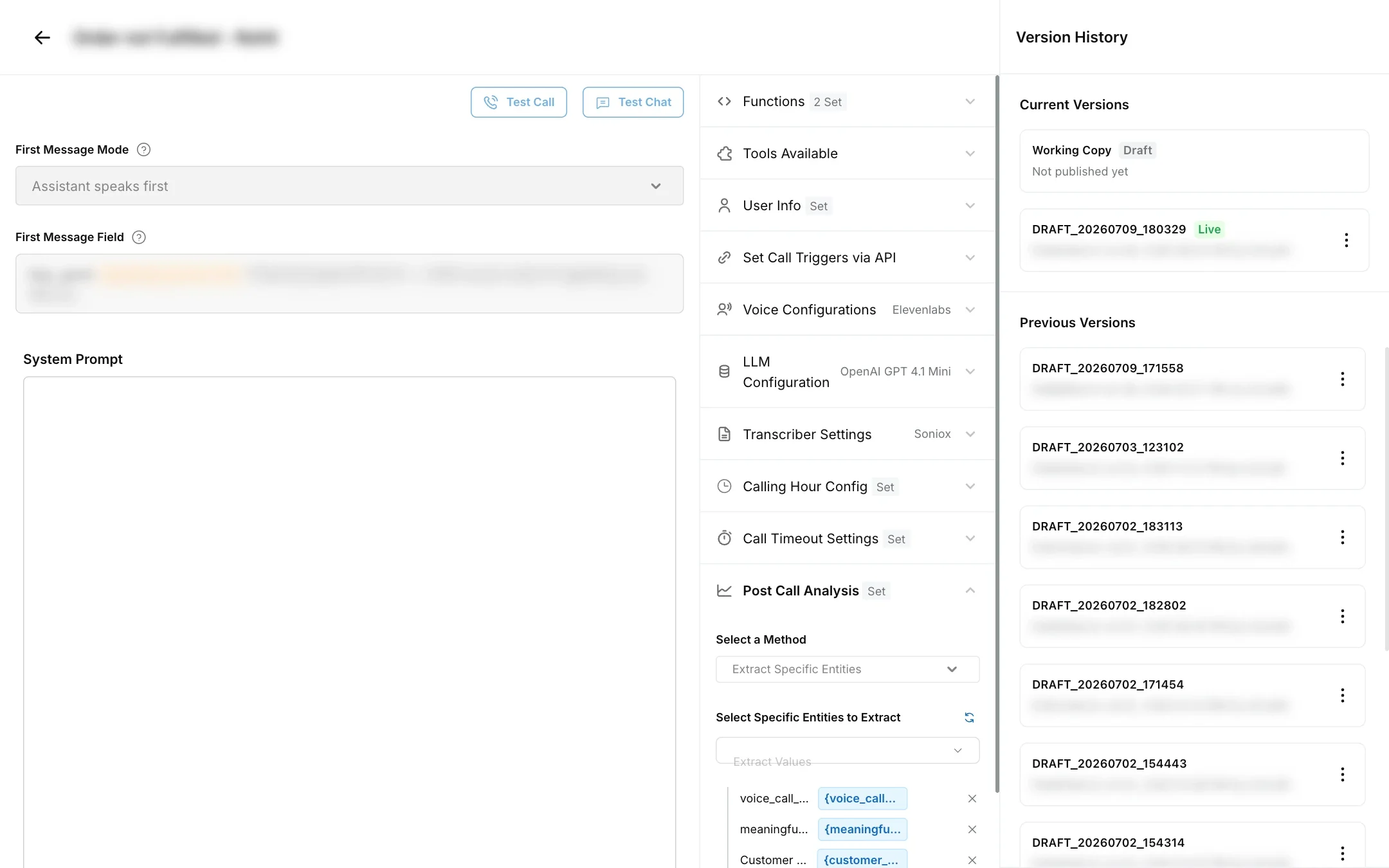Voice agent builder with the Post Call Analysis section open and Extract Specific Entities selected