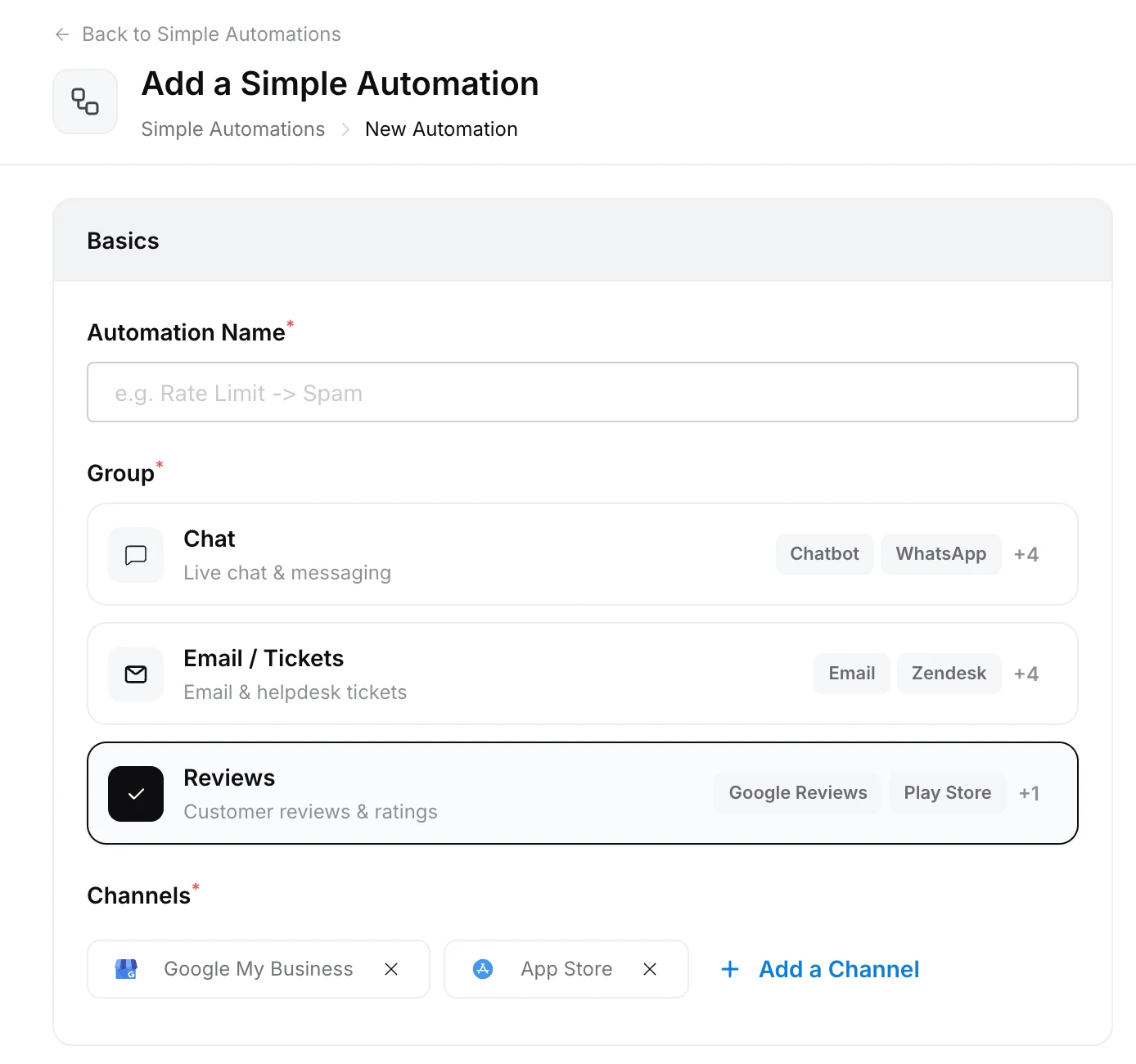 Add a Simple Automation page with the Reviews group selected and Google My Business and App Store channels