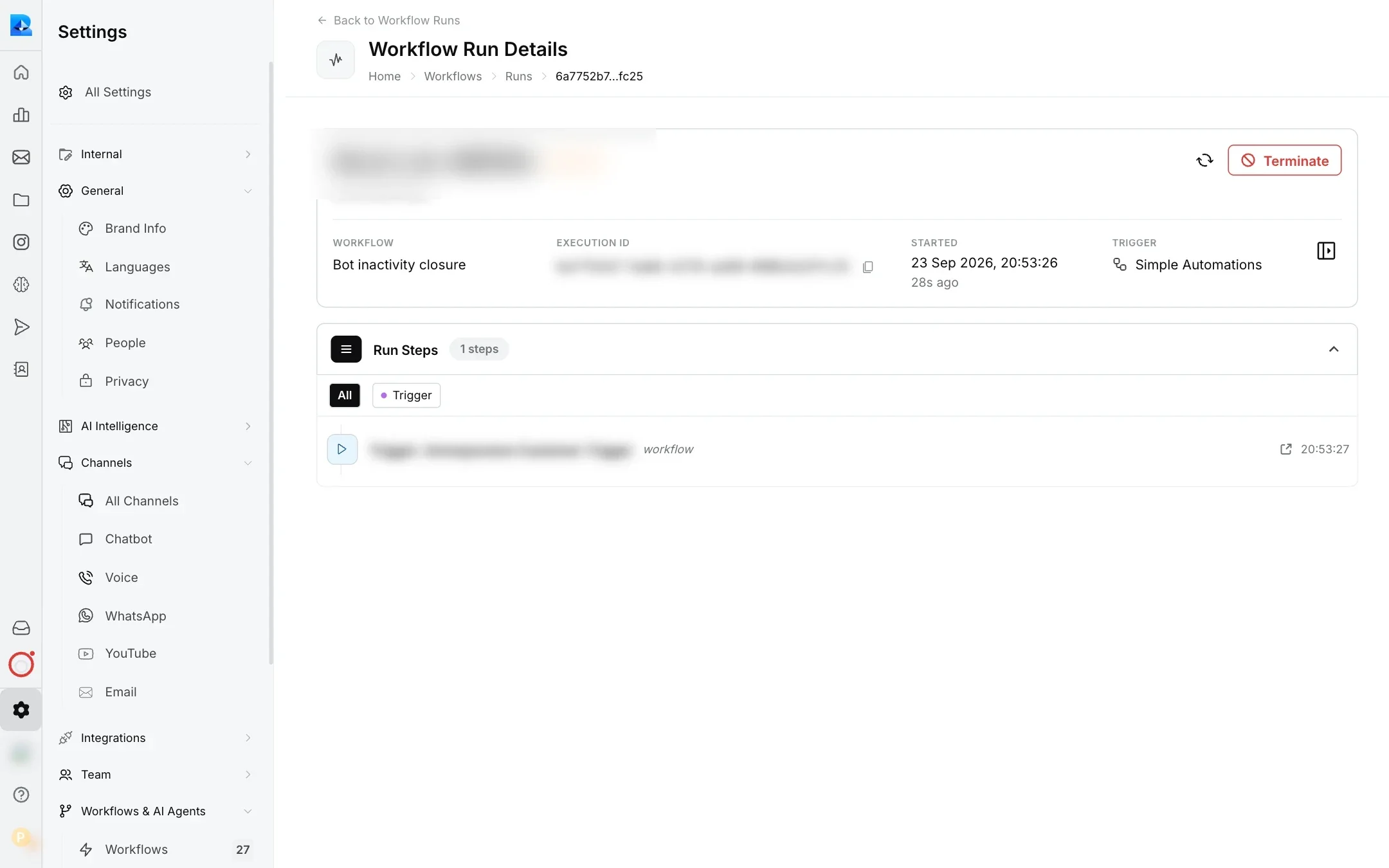 Workflow Run Details page with the workflow, execution ID, start time, trigger and run steps
