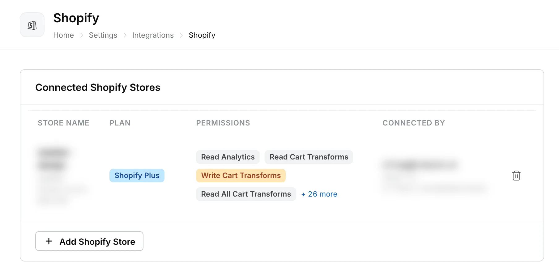 Connected Shopify Stores list showing each store with its plan, permissions and who connected it