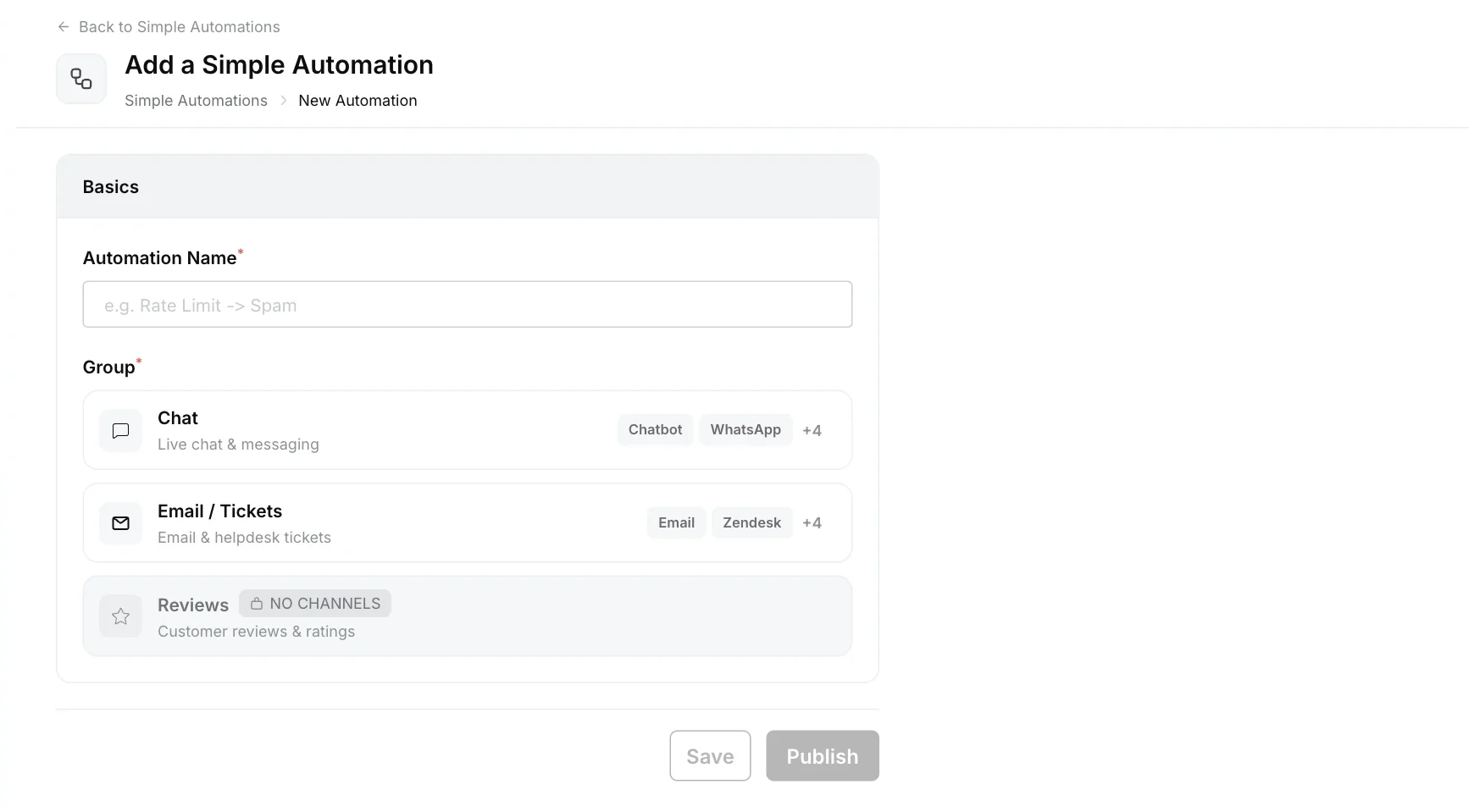 Add a Simple Automation page with automation name and channel group