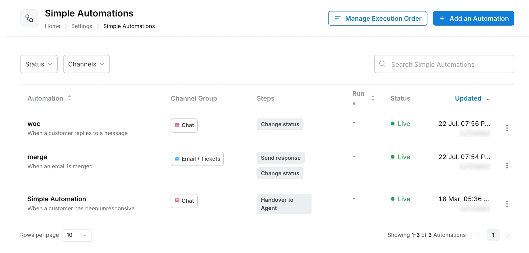 Simple Automations list with channel group, steps and status for each automation