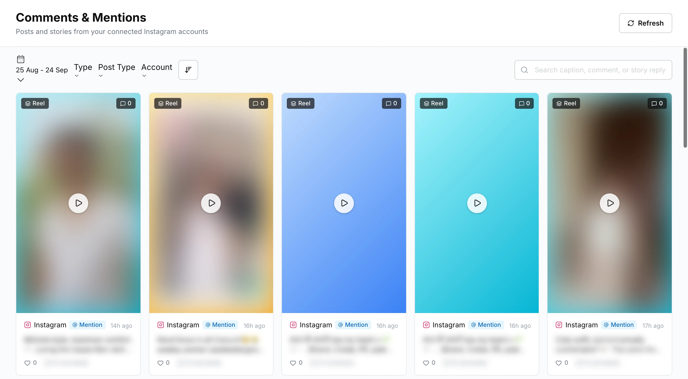 Comments & Mentions page with filters and a grid of Instagram posts and reels, each showing its type, comment count and time