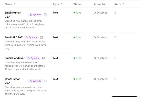 The Evaluations list with the system evaluations Email Human CSAT, Email AI CSAT, Email Handover and Chat Human CSAT, each marked System, Live, with Auto-Run Disabled
