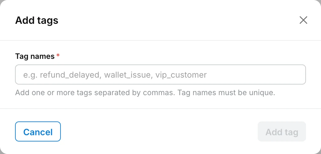Add tags dialog with the Tag names field for one or more tags separated by commas