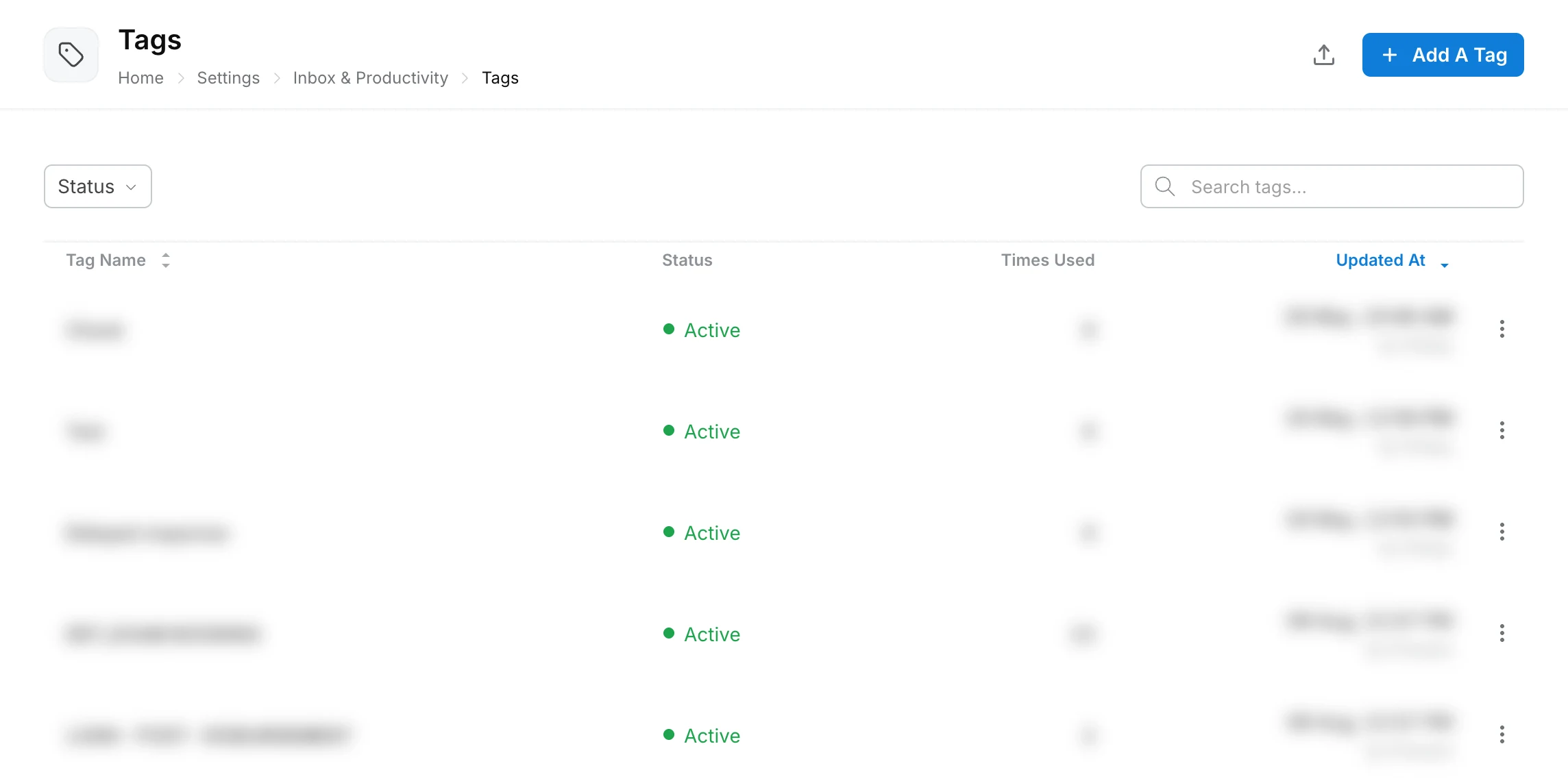 Tags list with each tag name, status, times used and when it was updated, and the Add A Tag button