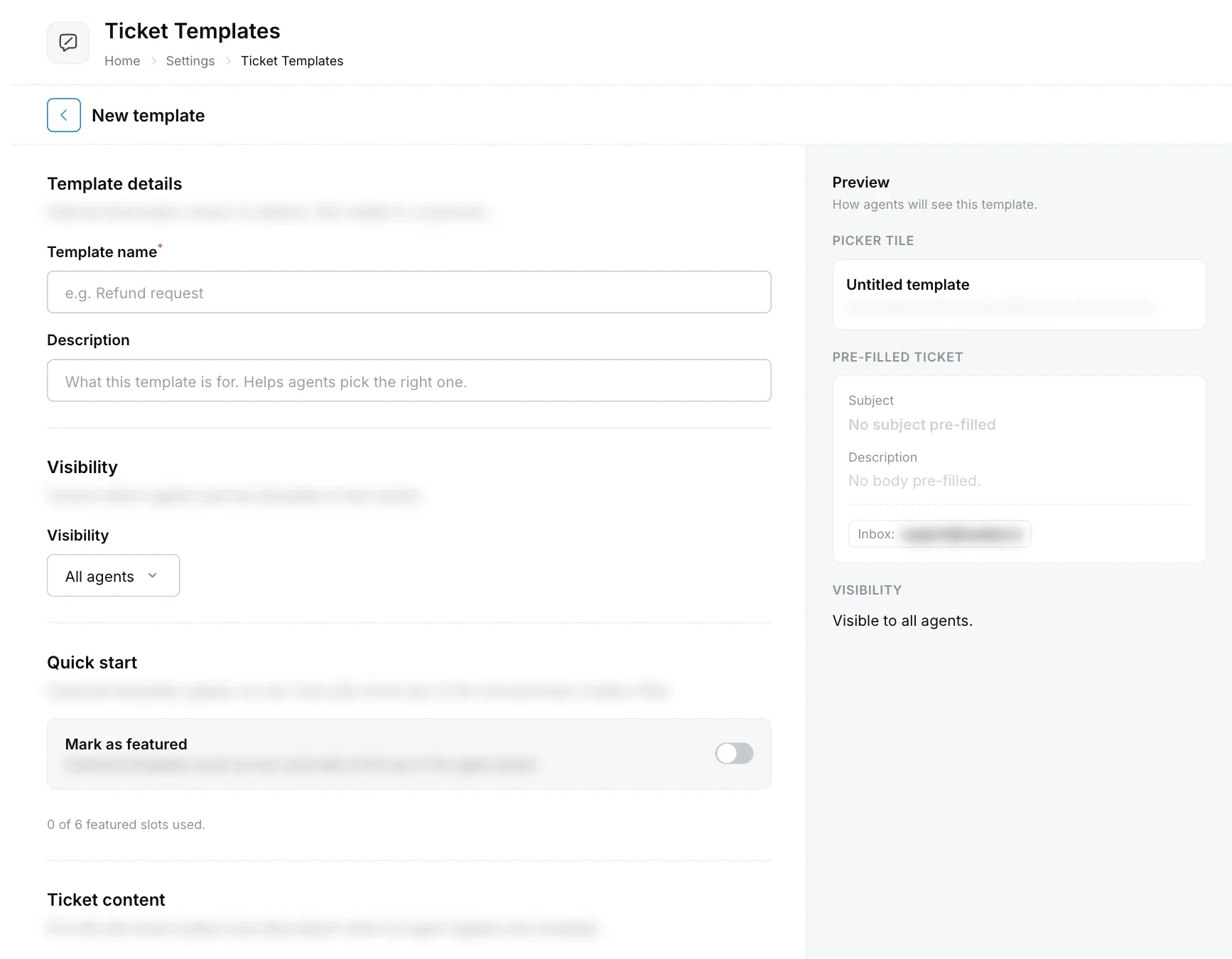New ticket template page with template details, visibility, quick start options and a live preview