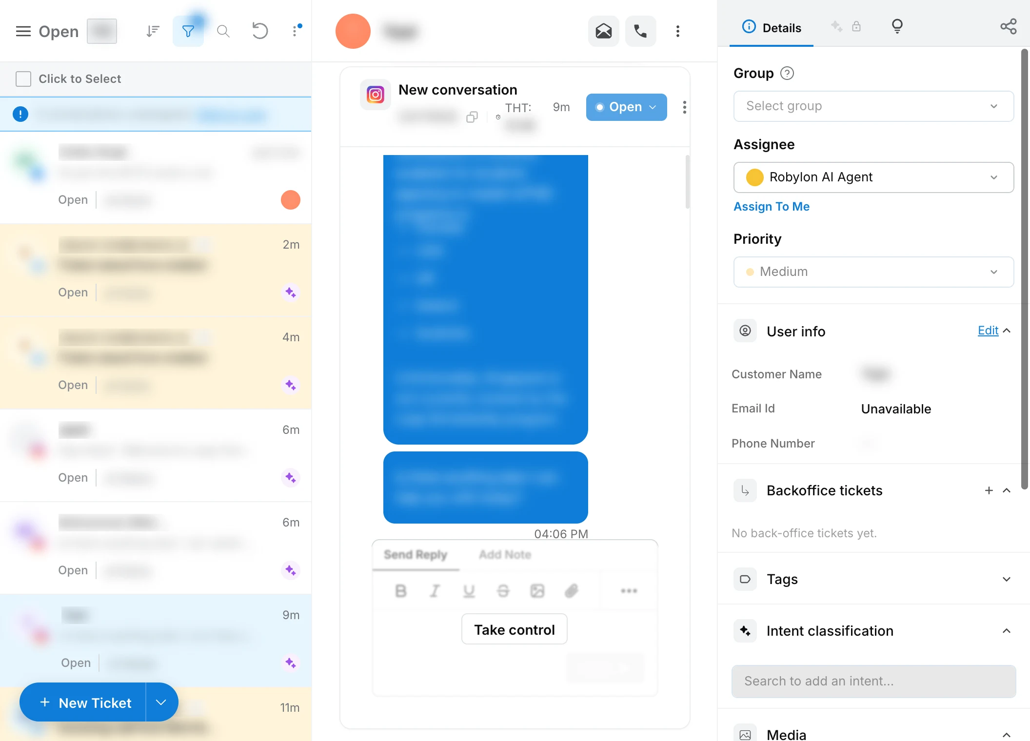 An Instagram conversation open in the Unified Inbox, with the AI agent reply and the Details panel