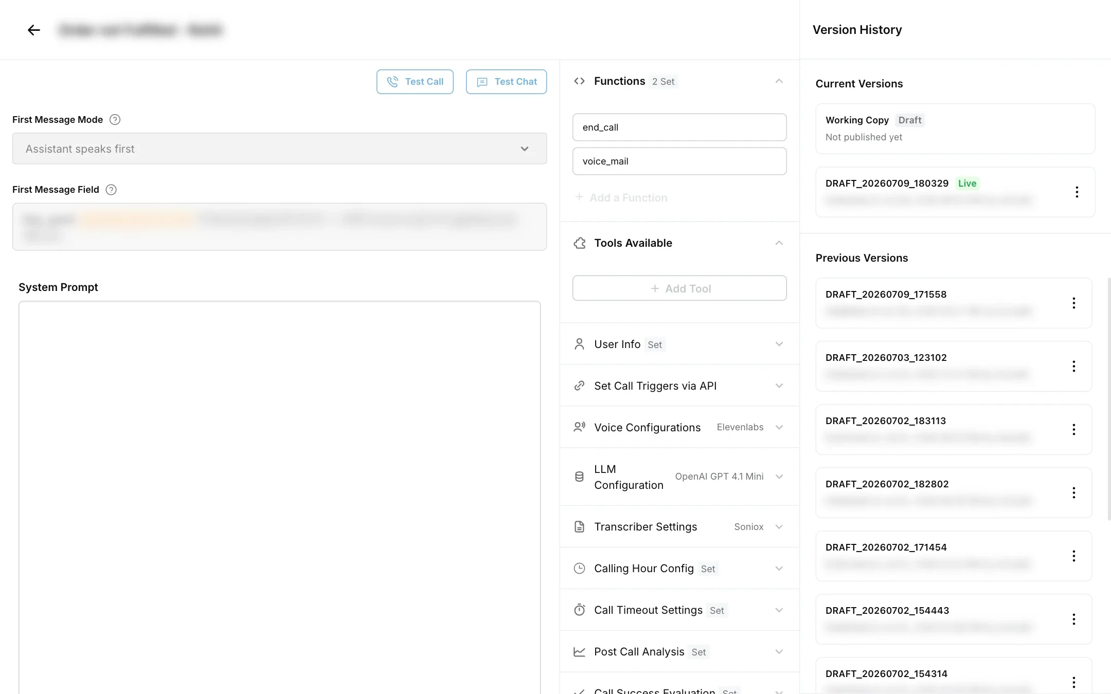 Voice agent builder with the system prompt on the left and functions, tools, providers, calling hours, timeouts and post-call settings on the right