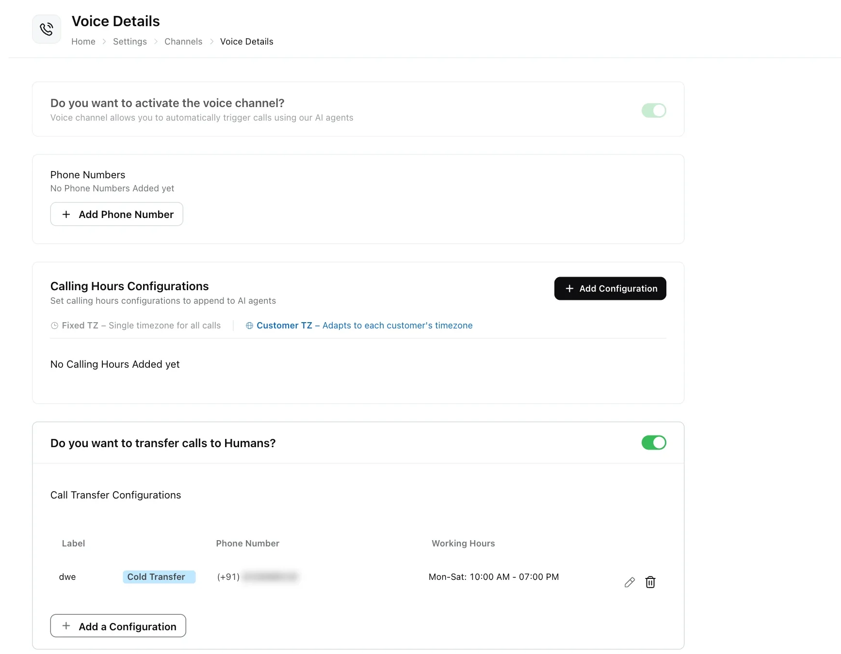 Voice channel settings with the activation switch, phone numbers, calling hours configurations and call transfer settings