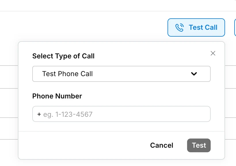 Test Call pop-up in the voice agent builder with Select Type of Call and Phone Number