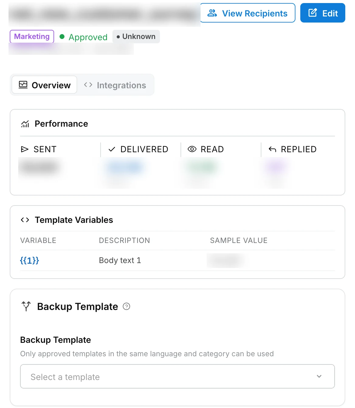 A WhatsApp template's page with its Marketing category, Approved status and Unknown quality rating, and the Backup Template section with Select a template