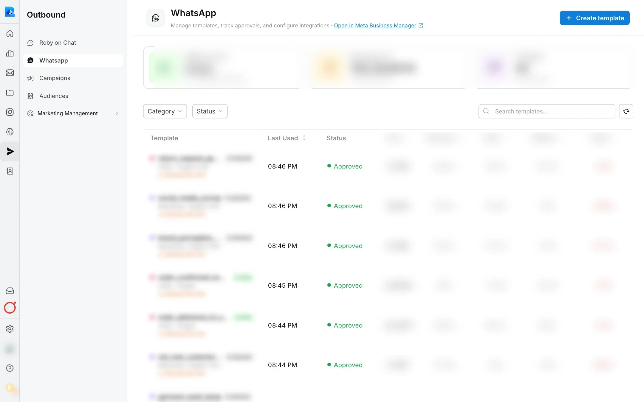 WhatsApp templates list in Outbound, with category and status filters and each template's status