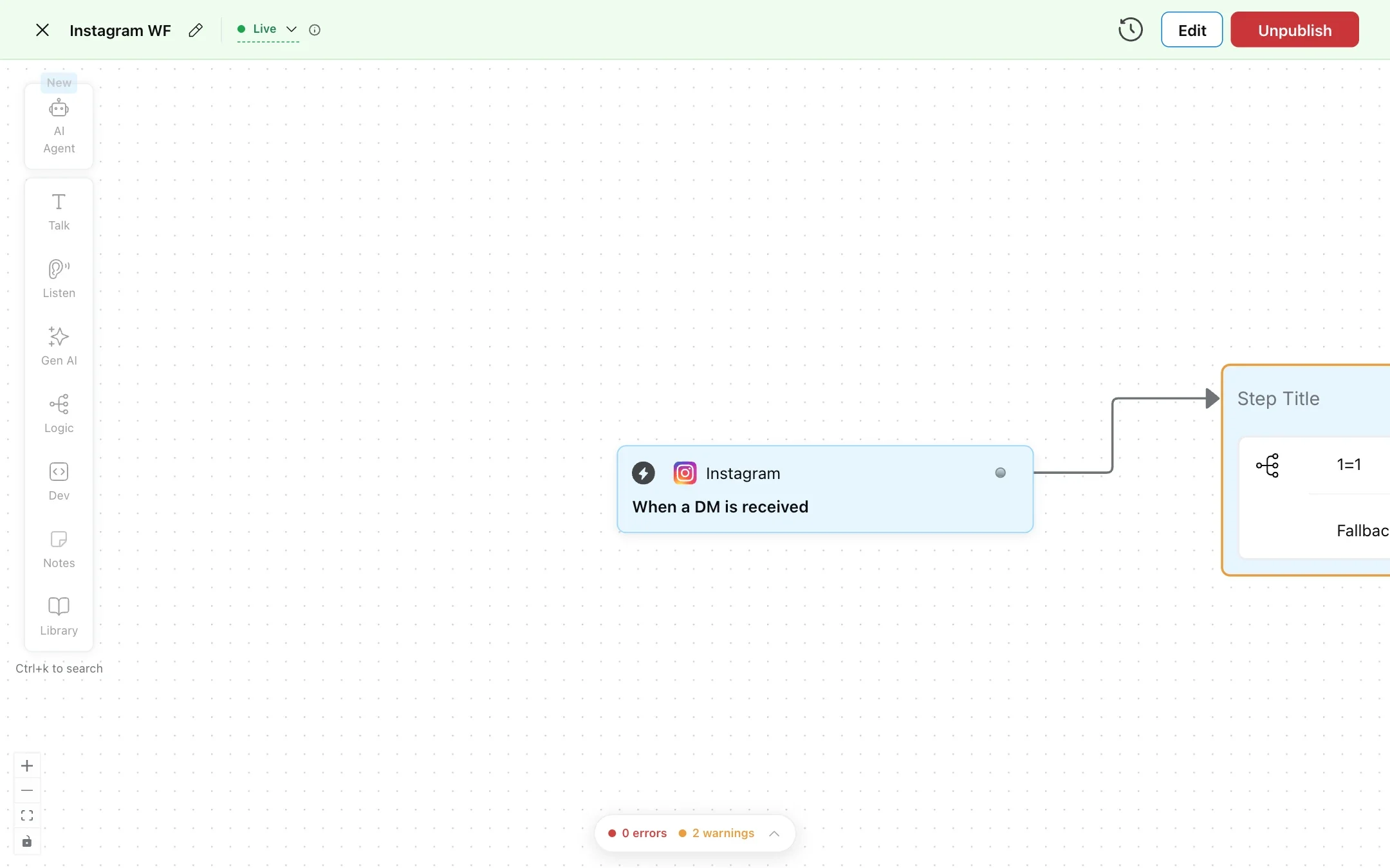 Workflow builder with the block toolbar on the left and a trigger block on the canvas