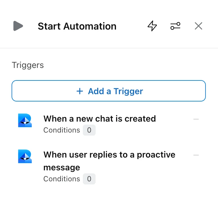 Start Automation panel with the Add a Trigger button and the workflow triggers listed below it