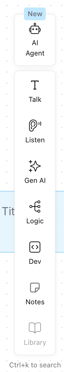 Workflow builder toolbar with AI Agent, Talk, Listen, Gen AI, Logic, Dev, Notes and Library