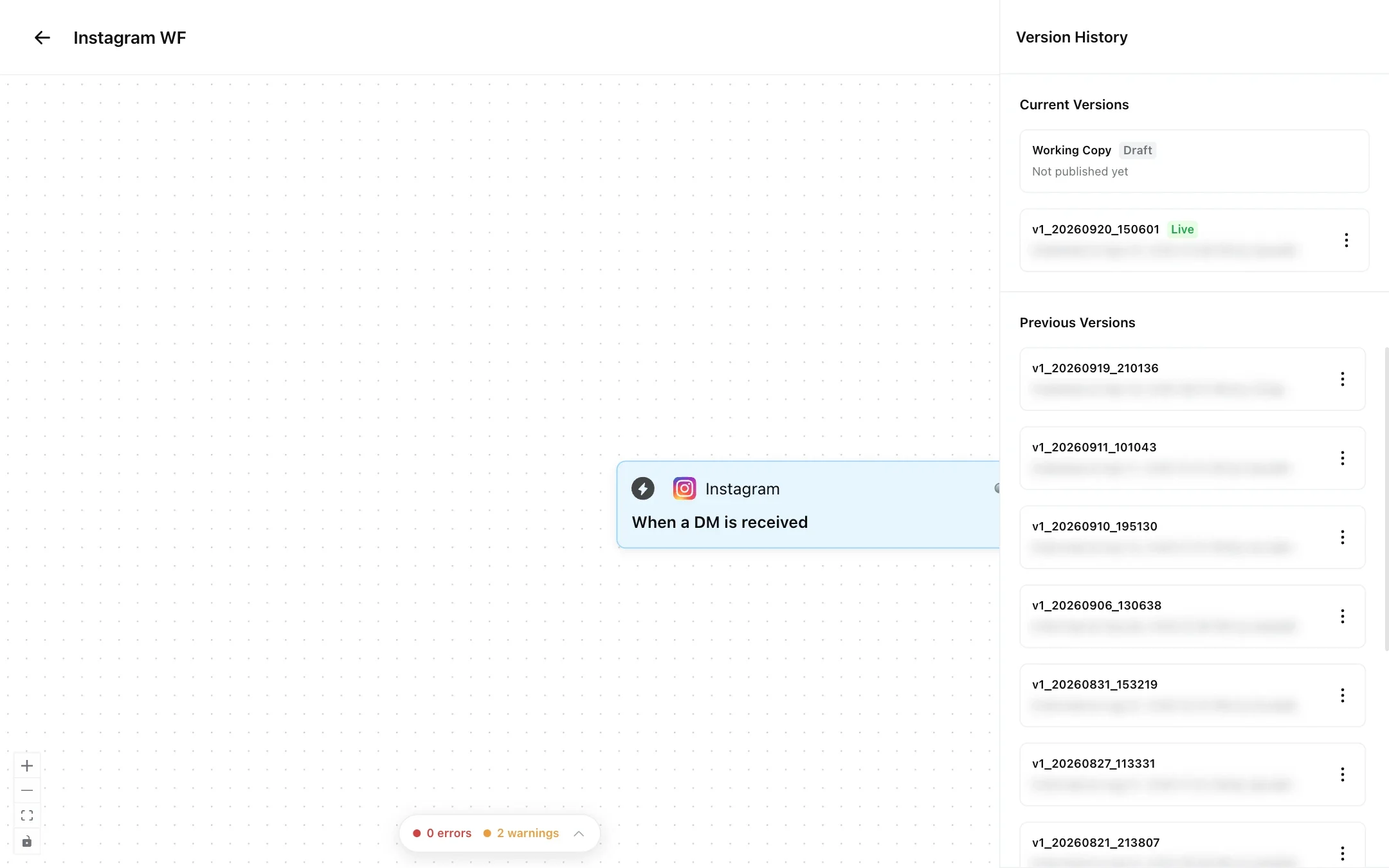 Workflow Version History panel showing the working copy, the live version and previous versions