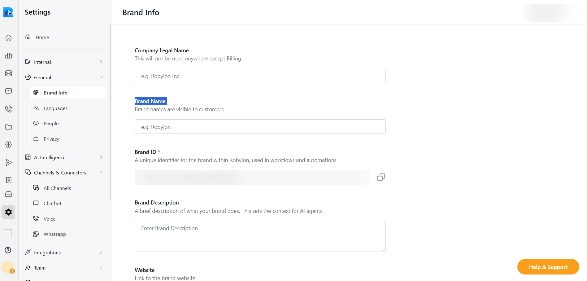 Robylon Brand Info settings page showing the Company Legal Name, Brand Name, Brand ID and Brand Description fields
