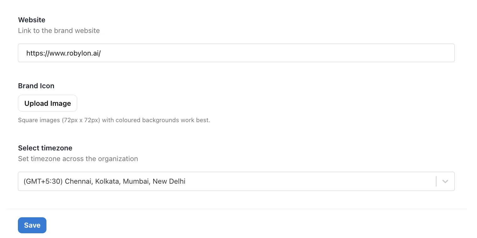 Website, Brand Icon upload and Select timezone fields with the Save button