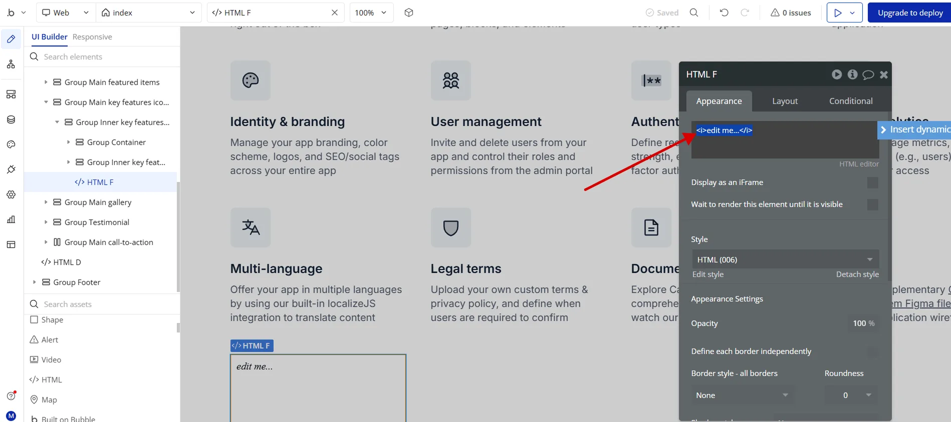 Double-click the HTML element in Bubble to open the code editor