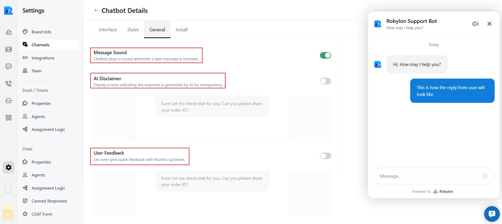 General settings to add an AI disclaimer, collect user feedback, and enable message sound