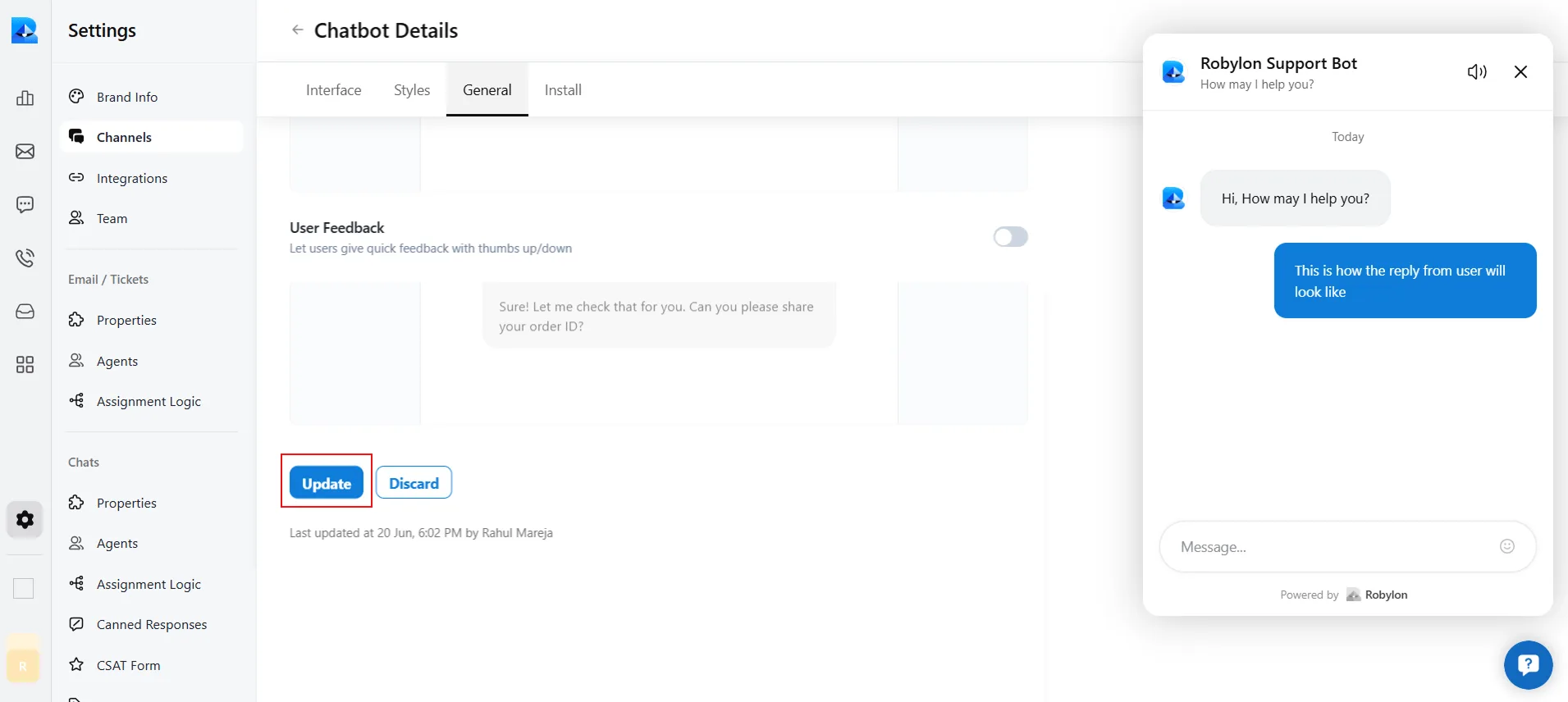 Save changes using the Update button in the Interface, Styles, and General tabs
